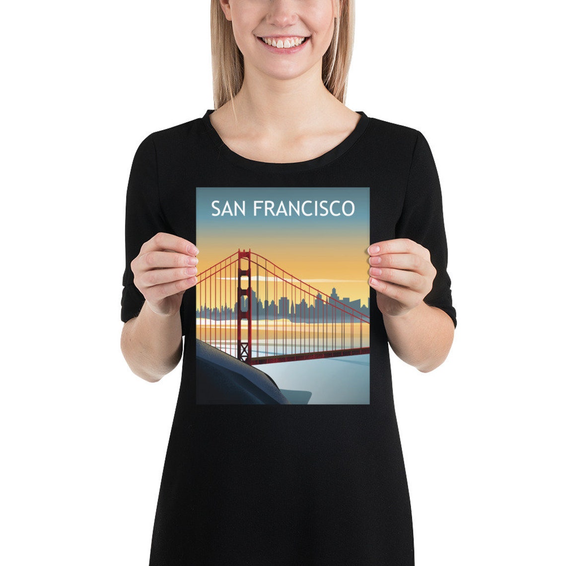 San Francisco Golden Gate Bridge Bay Sunset Retro Travel Poster - Image 2