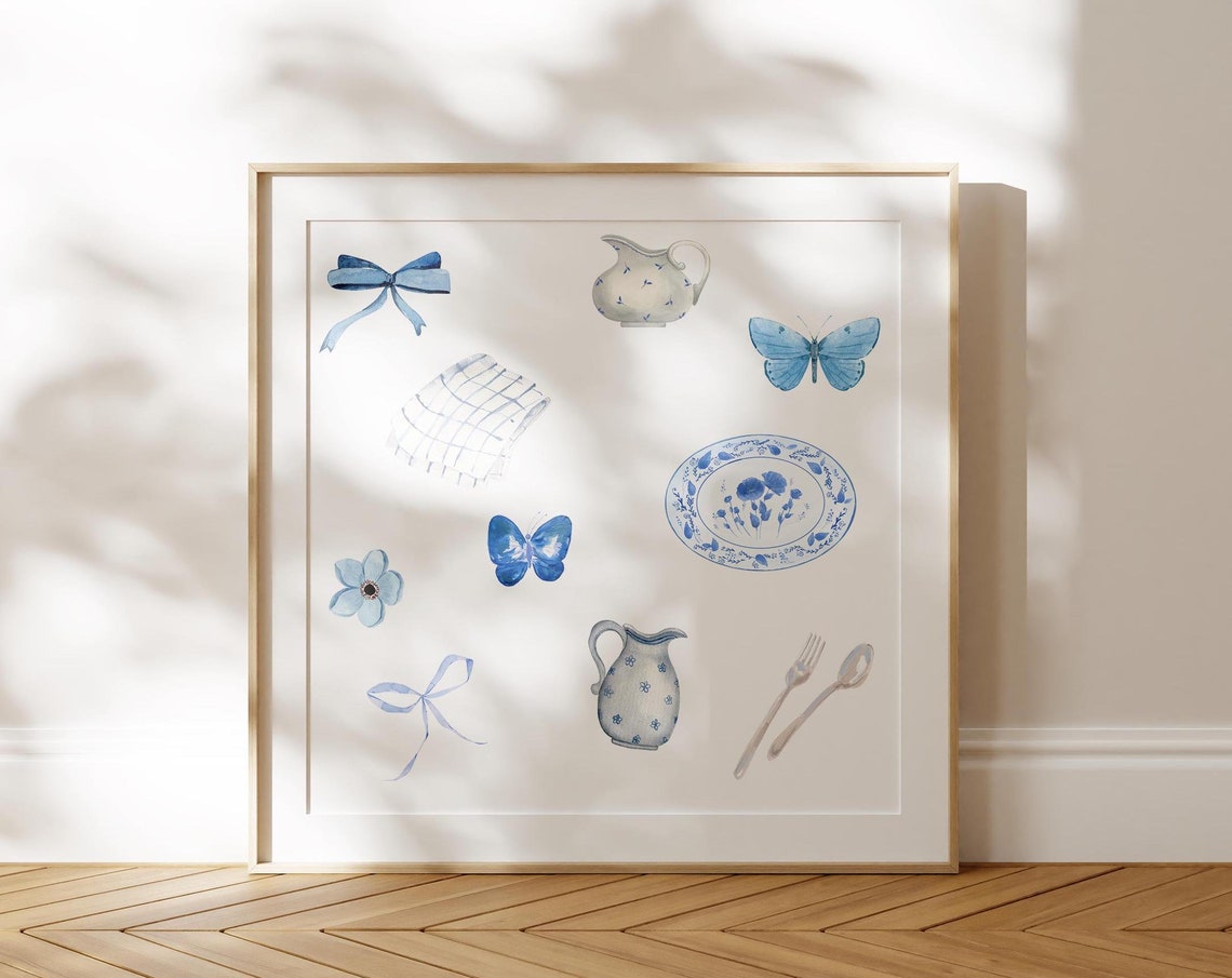 Cobalt Blue Cottage Kitchen Bow Pitcher Plate Collage Poster
