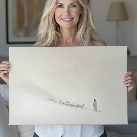 Good Shepherd Leading Tiny Flock Across White Expansive Field Poster
