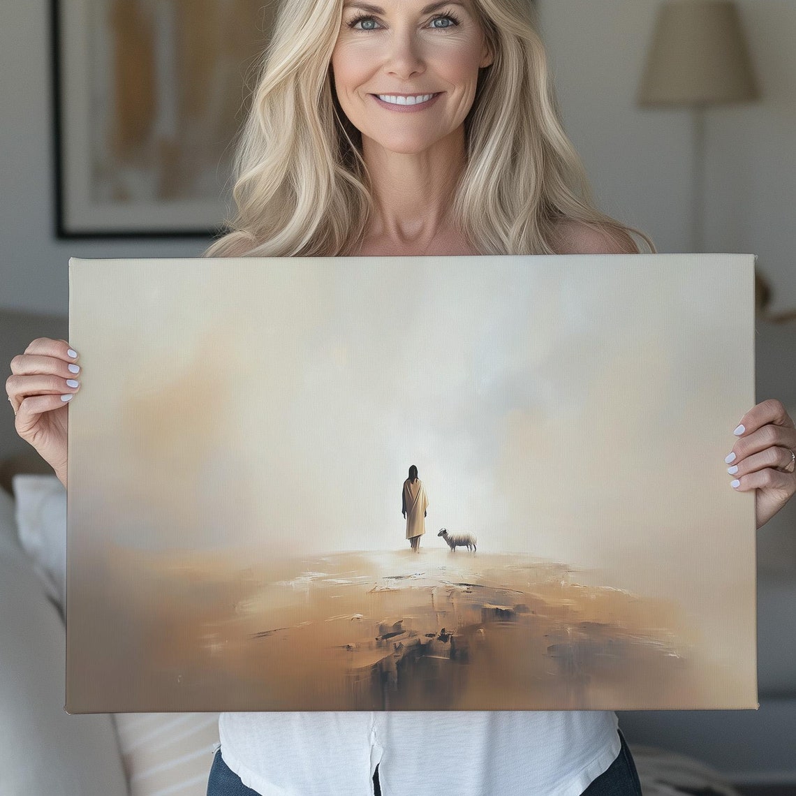 Shepherd And Lamb On Cliff Edge In Golden Fog Minimalist Poster