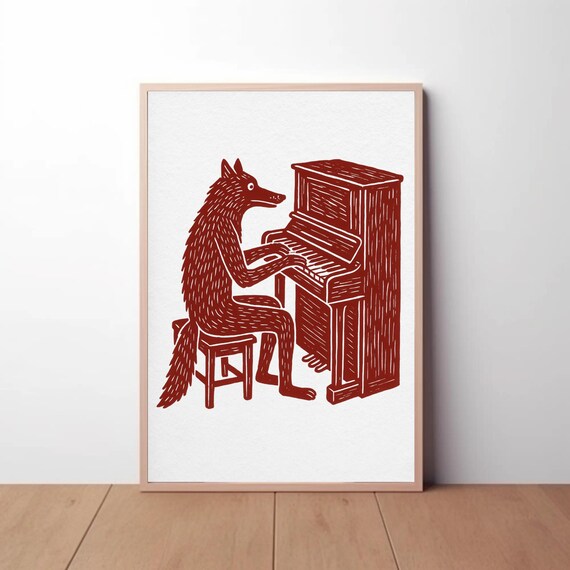 Wolf Playing Piano Art Print Whimsical Rustic Music Poster