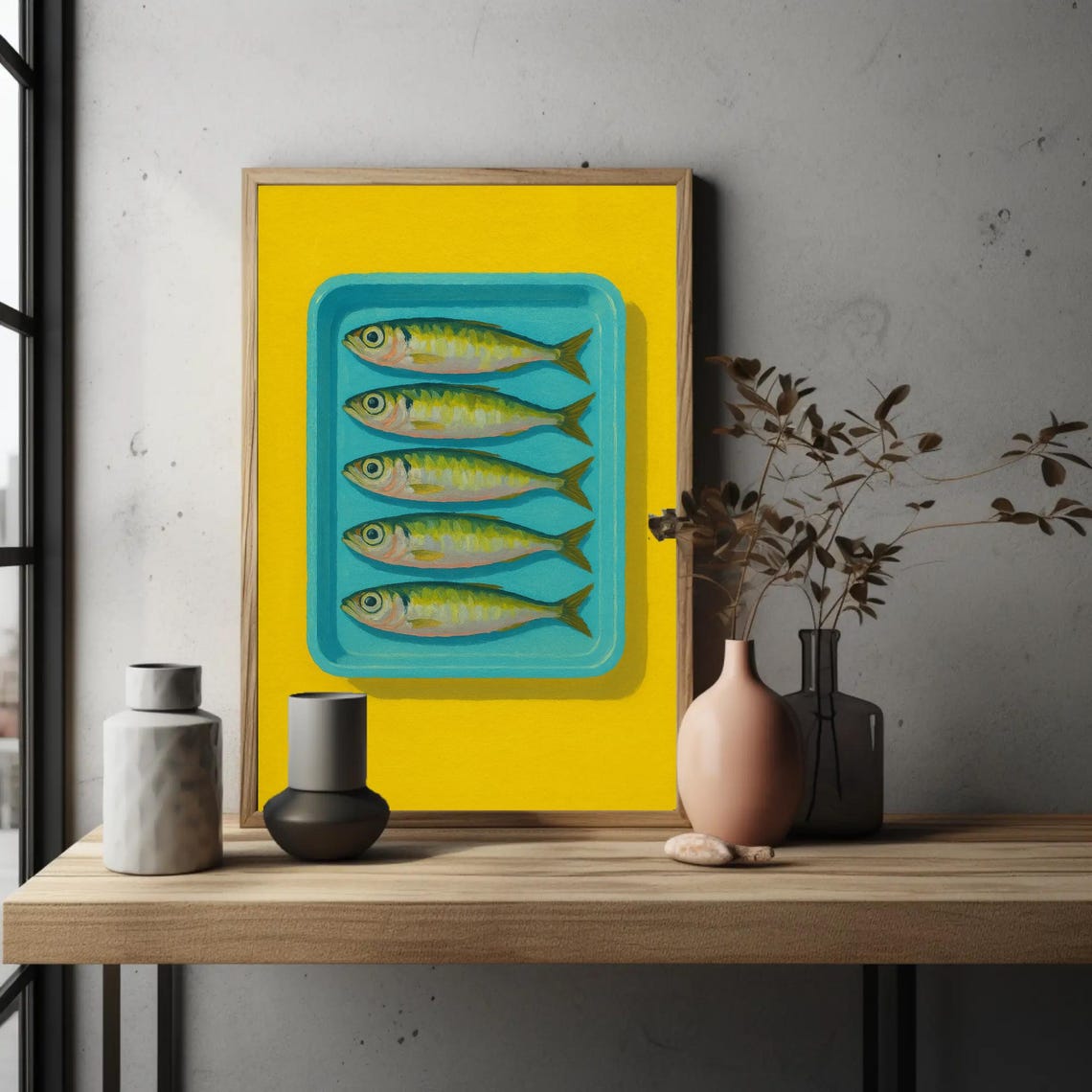 Pop Art Sardines on Turquoise Tray Retro Kitchen Wall Poster
