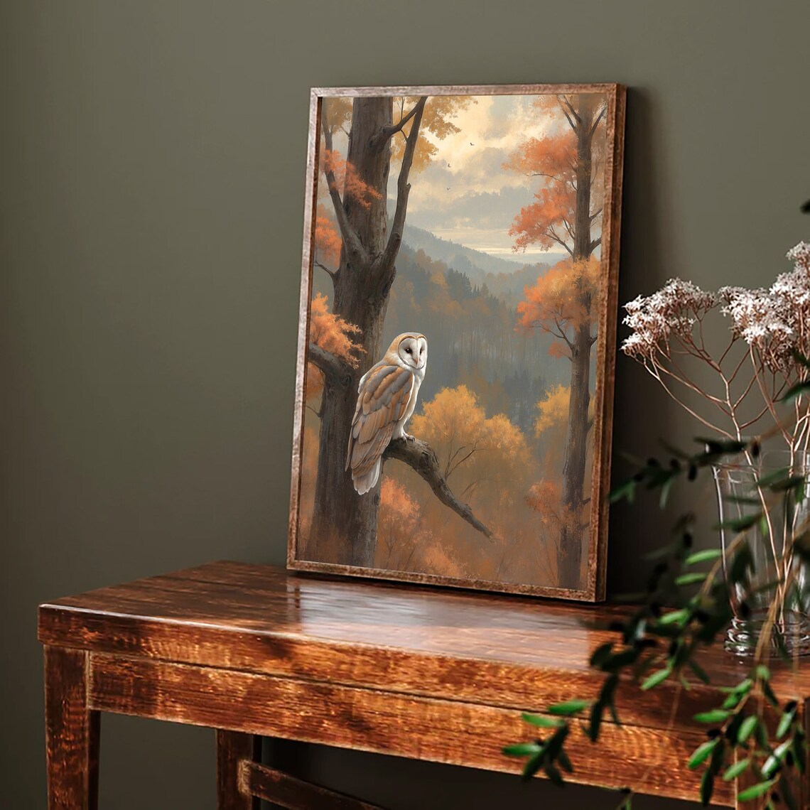 Barn Owl In Autumn Forest Landscape Vintage Wildlife Painting Poster - Image 3