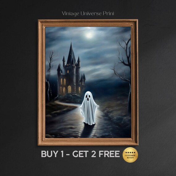 Ghost Moonlit Path Spooky Castle Glowing Windows Night Poster