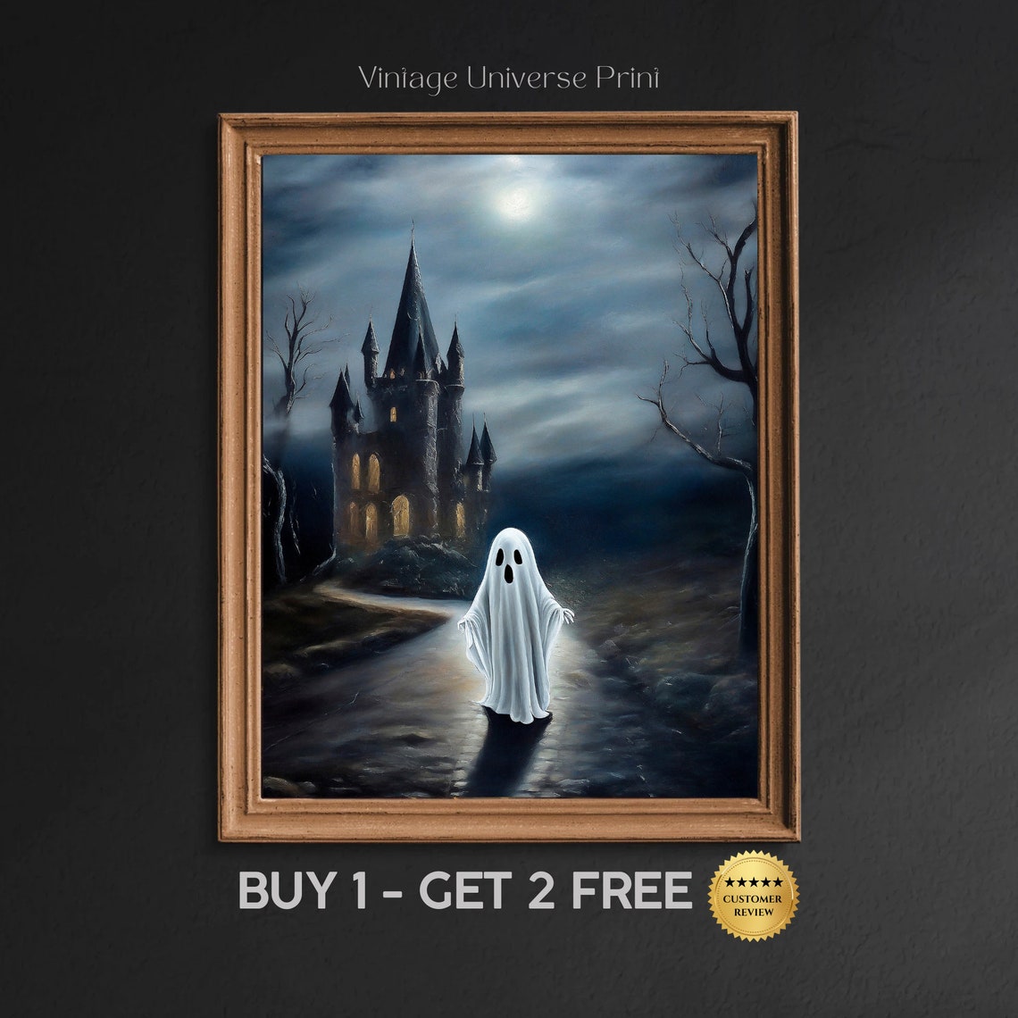 Ghost Moonlit Path Spooky Castle Glowing Windows Night Poster