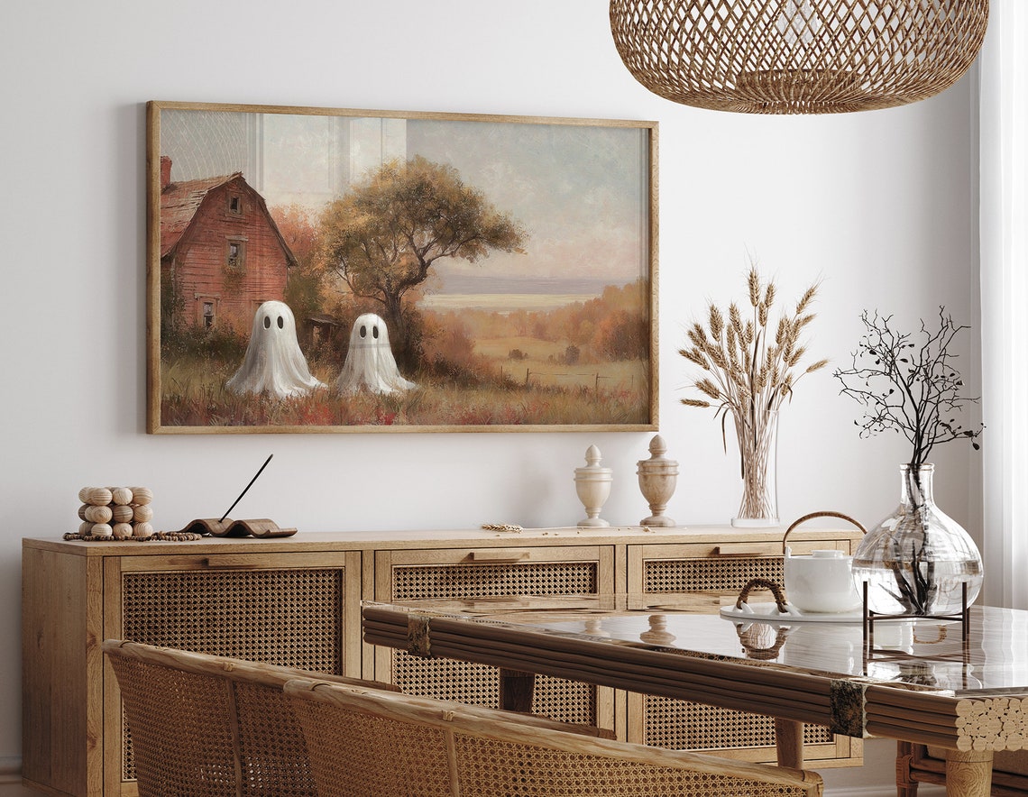 Two Ghosts By Rustic Red Barn Autumn Field Vintage Halloween Poster - Image 4