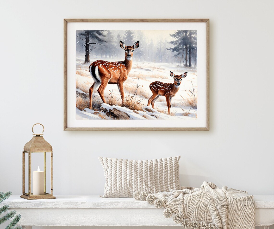 Mother Deer Fawn Snowy Meadow Winter Wildlife Tender Scene Poster - Image 3