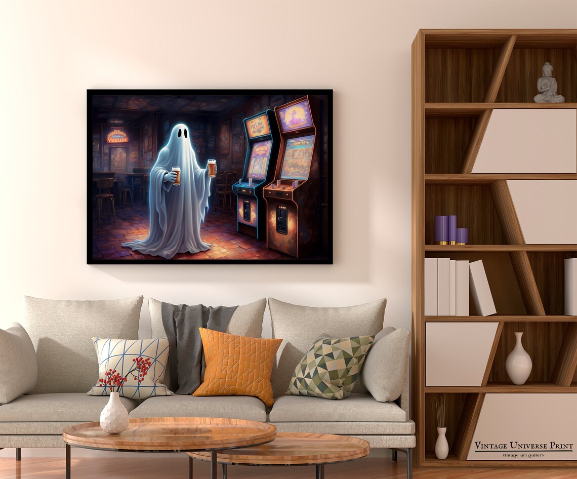 Ghost Holding Two Beers in a Vintage Arcade Room Retro Halloween Poster - Image 2
