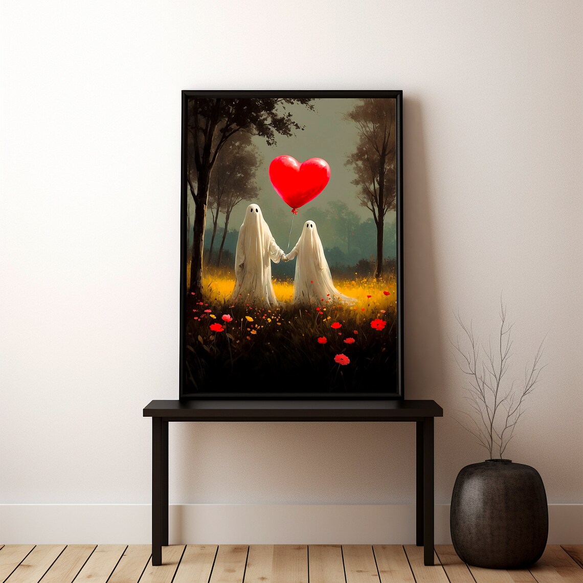 Two Ghosts In Love Holding A Red Heart Balloon In A Wildflower Field Art Print - Image 2