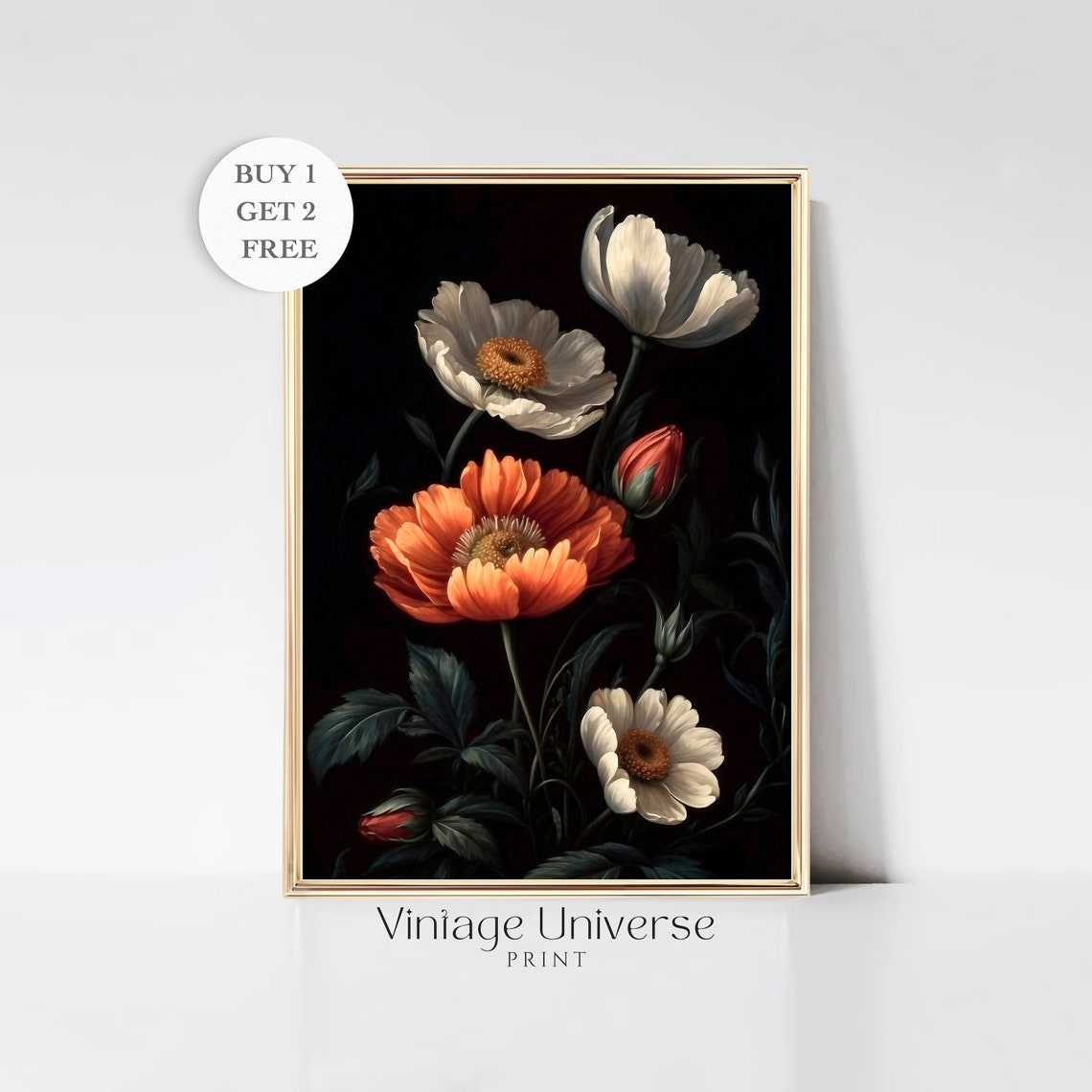 Orange And White Wildflowers On Black Background Moody Floral Poster