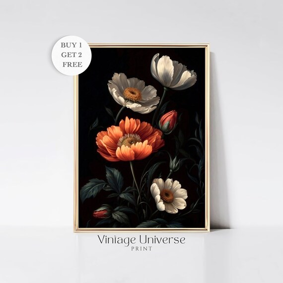 Moody Flower Painting Vintage Wildflowers Print Moody Botanical Art Prints Vintage Moody Flora Decor Moody Floral Wall Art