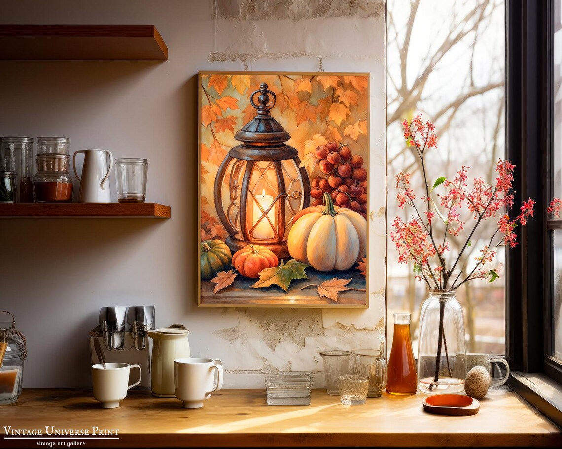 Glowing Lantern With Pumpkins And Red Berries In Autumn Still Life Print - Image 5