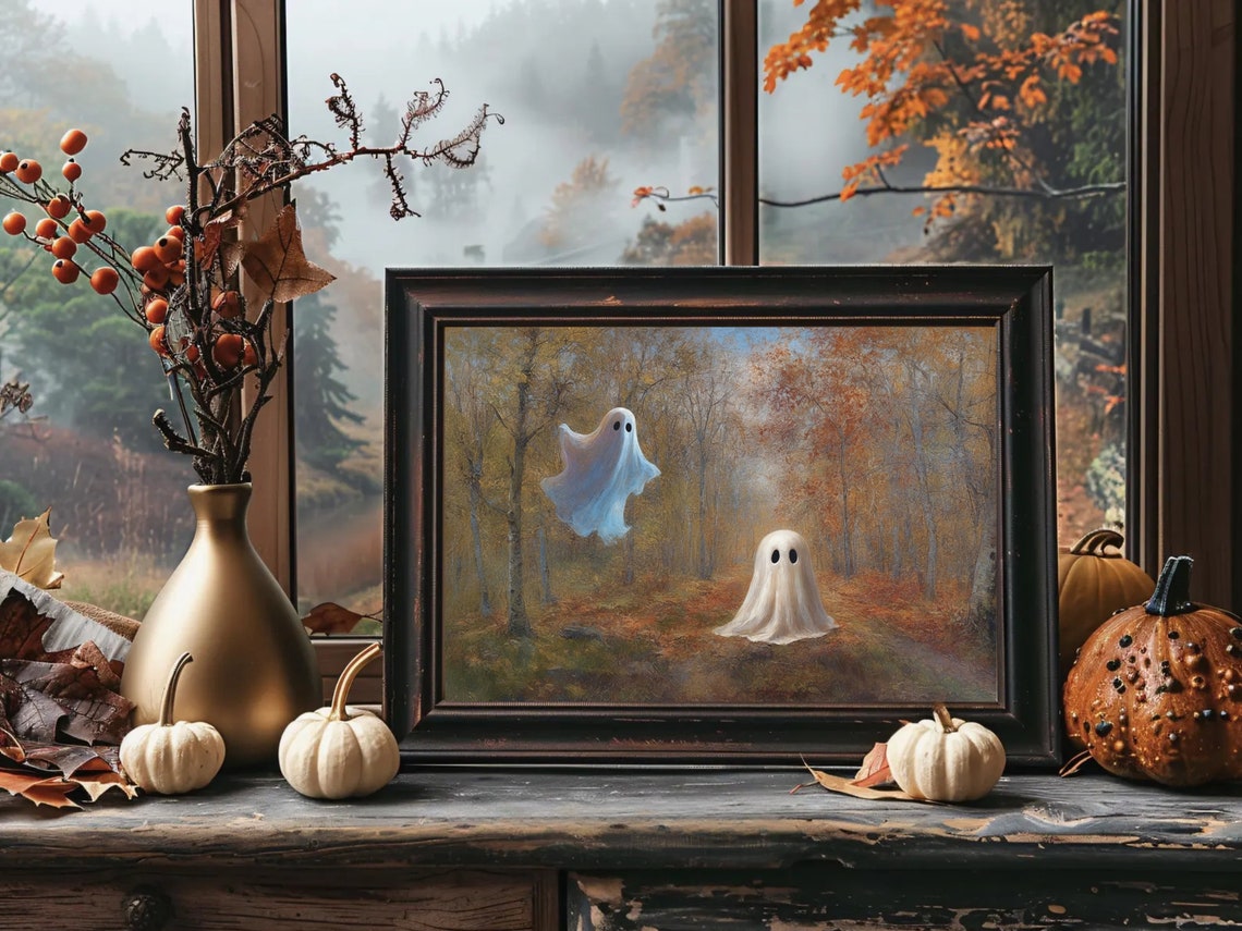 Two Ghosts In Golden Autumn Forest Vintage Spooky Fall Art Poster - Image 4