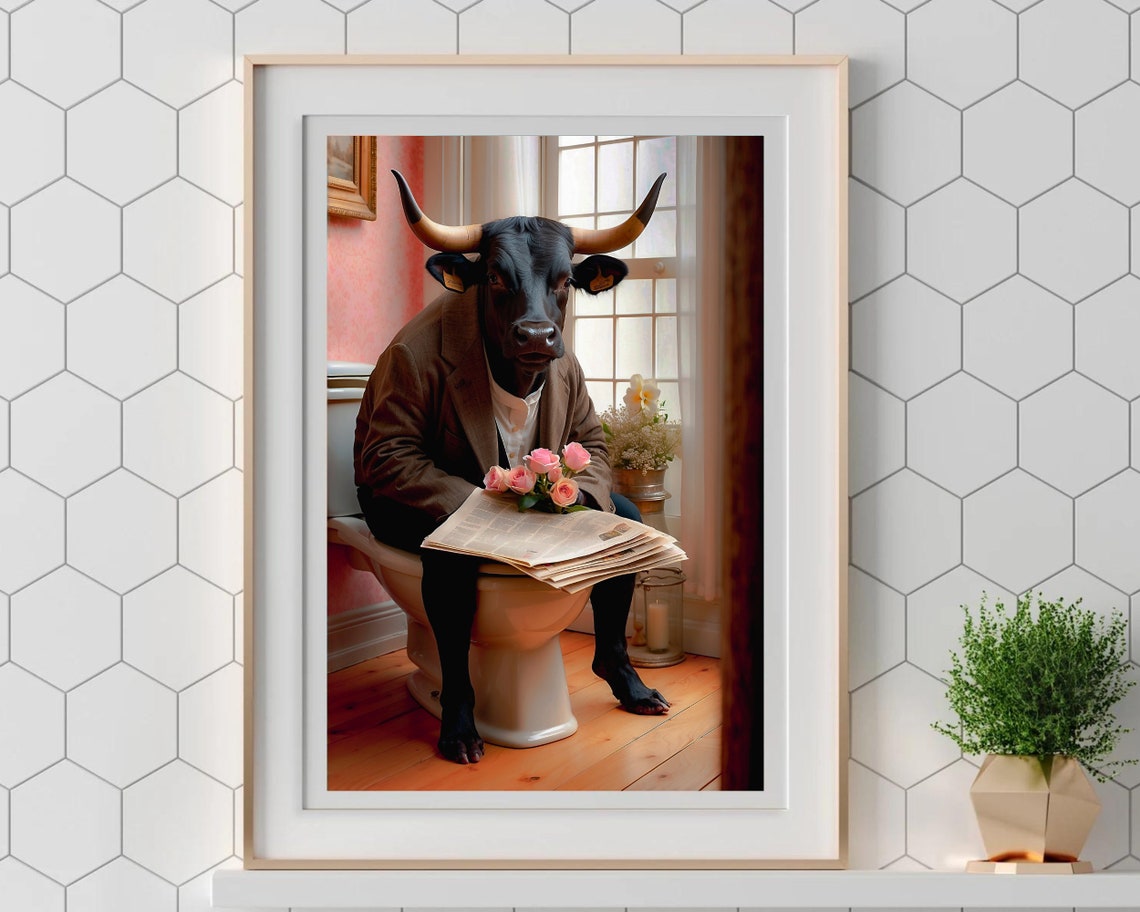 Dapper Longhorn Bull In Blazer Reading On Toilet Funny Poster - Image 5