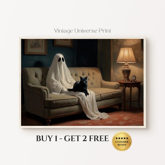 Sheet Ghost Lounging On A Vintage Sofa With A Black Cat Cozy Halloween Art Print