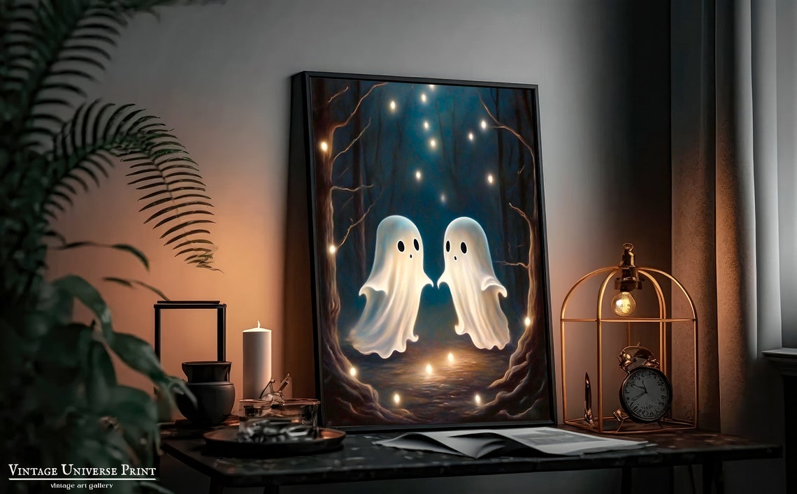 Two Cute Ghosts Moody Forest Fireflies Whimsical Halloween Wall Art - Image 3