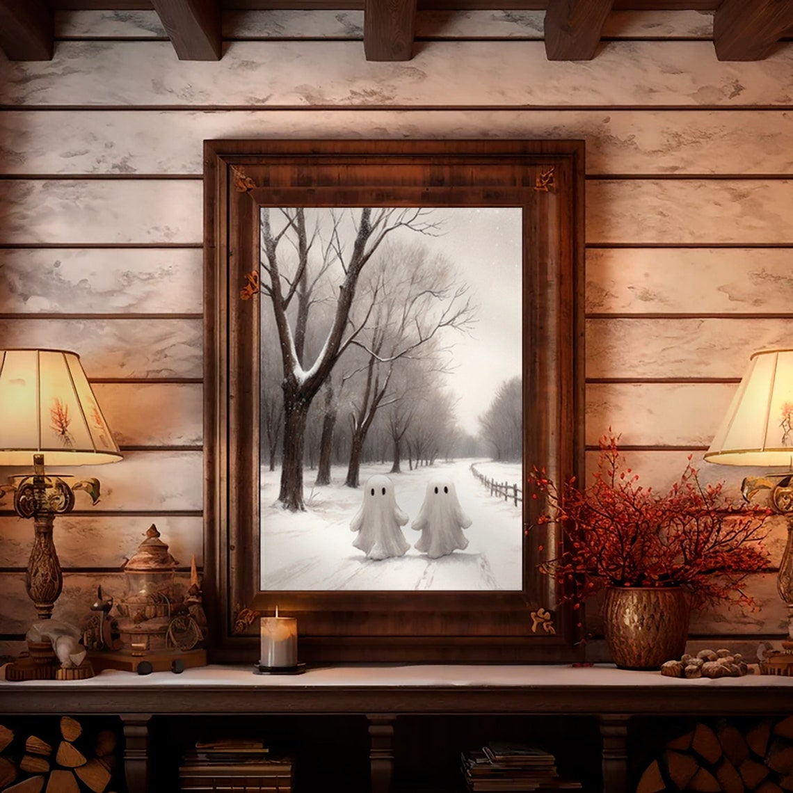 Two Ghosts Walking Snowy Forest Path Between Bare Trees Print - Image 2