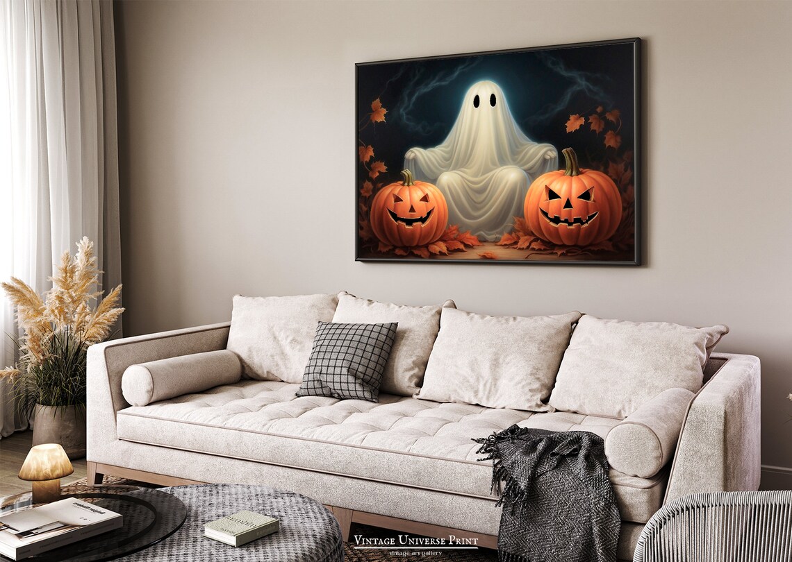 Spooky Ghost Sitting Between Two Glowing Jack O Lanterns Dark Halloween Poster - Image 2
