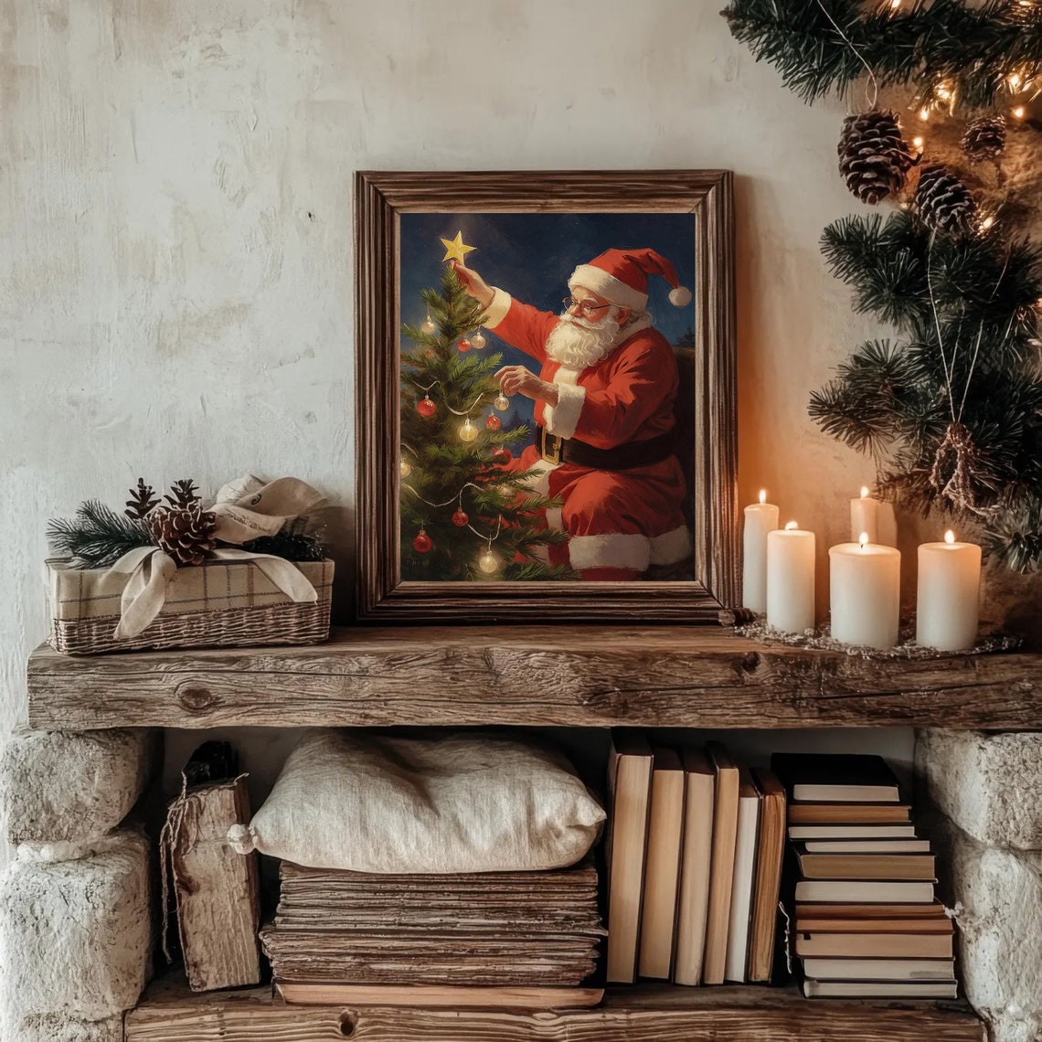 Santa Claus Decorating Christmas Tree Vintage Style Holiday Poster - Image 4