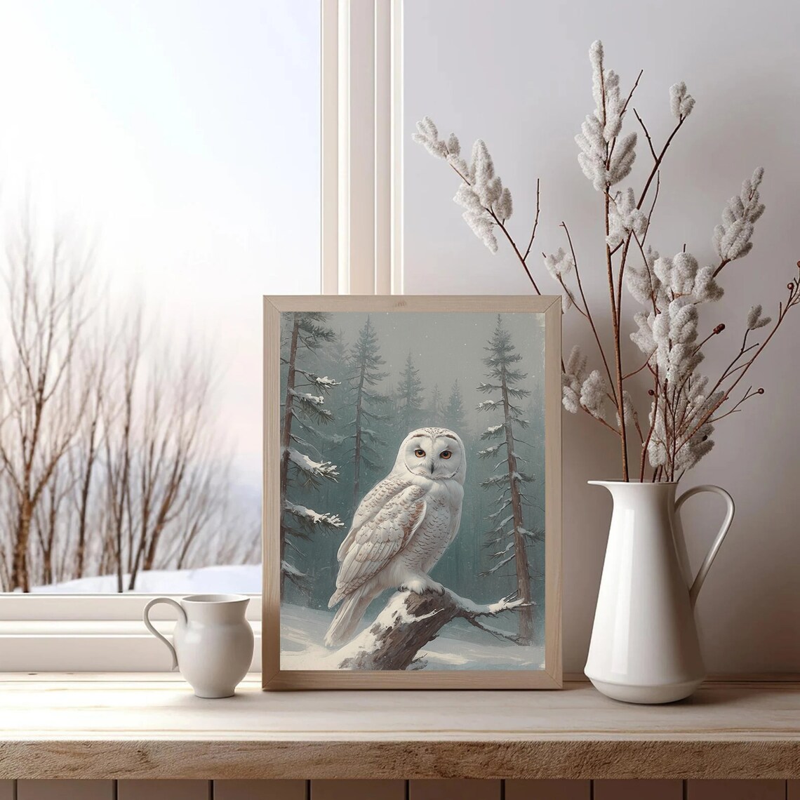 Snowy Owl In Winter Forest Landscape Oil Painting Rustic Farmhouse Christmas Wall Art Country Christmas Decor Vintage Owl - Image 3