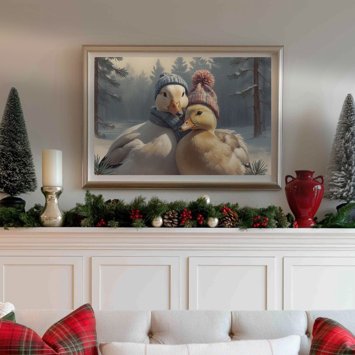 Two Ducks In Winter Hats Snowy Forest Cute Cozy Christmas Poster - Image 3