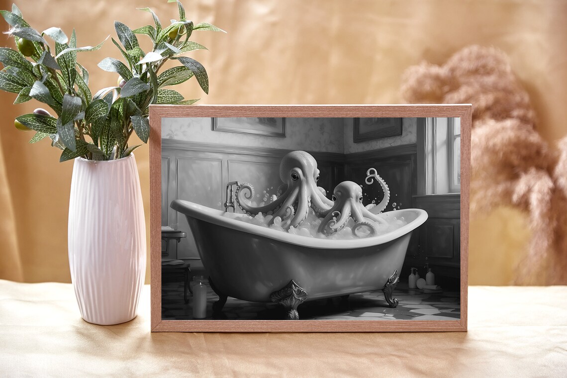 Octopus In Bathtub Print Octopus Wall Art Bathroom Wall Art Print Octopus Poster Bathroom Decor Bath Art Print Instant - Image 3