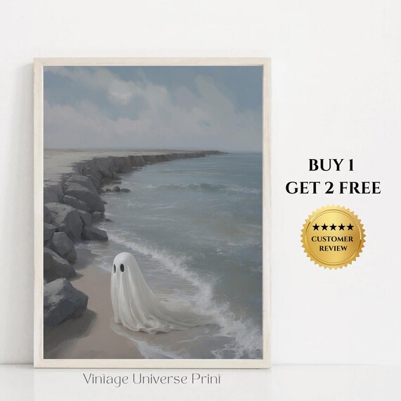 Lonely Ghost On A Rocky Beach Neutral Coastal Halloween Poster