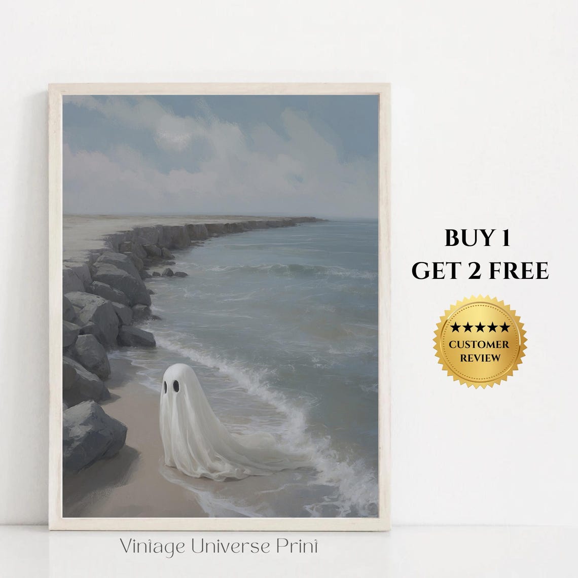Lonely Ghost On A Rocky Beach Neutral Coastal Halloween Poster