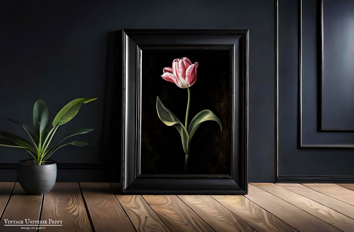 Pink Tulip Single Stem on Dark Ground Vintage Botanical Poster - Image 3