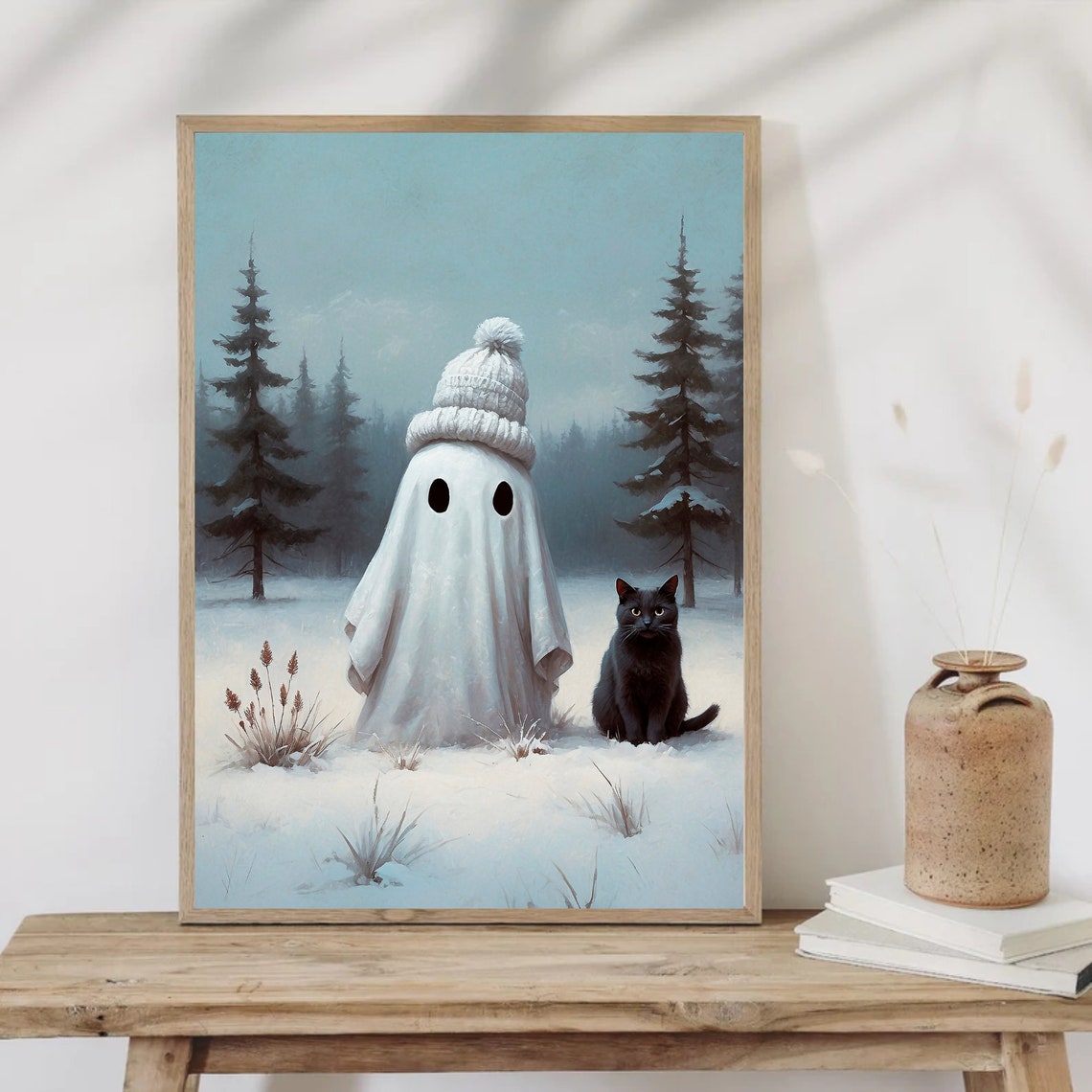 Ghost in Cozy Knit Beanie with Black Cat in Snowy Forest Print - Image 4