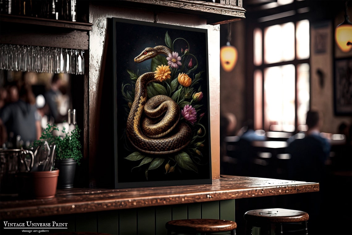 Snake Coiled Among Flowers Dark Antique Oil Painting Wall Art - Image 4