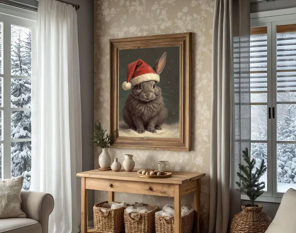 Bunny Christmas Print Vintage Christmas Wall Art Bunny Painting Winter Rabbit Oil Painting Pet Painting Bunny Hat Santa Christmas Decor - Image 4