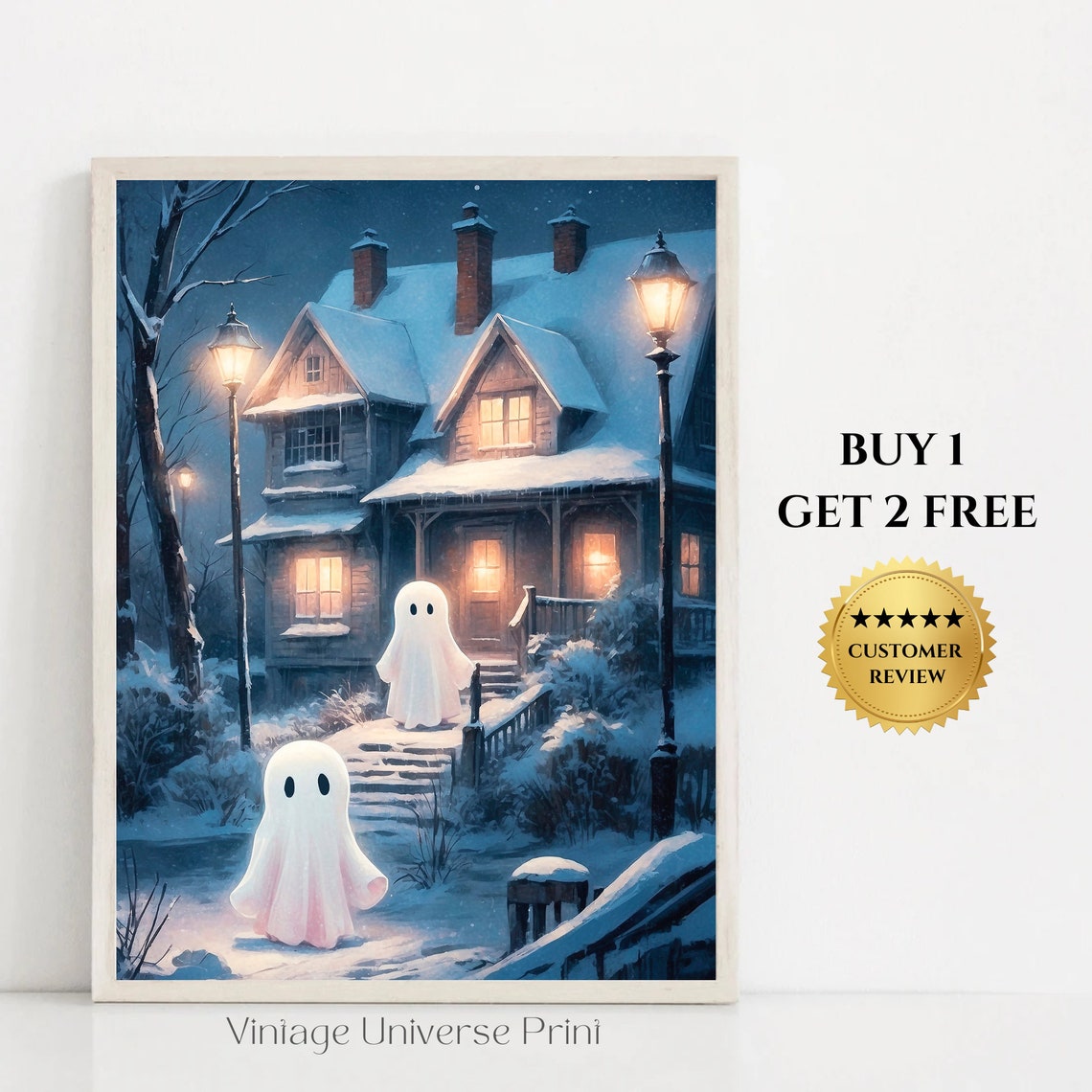 Two Ghosts Visiting Snowy House at Night Under Lamplight Print
