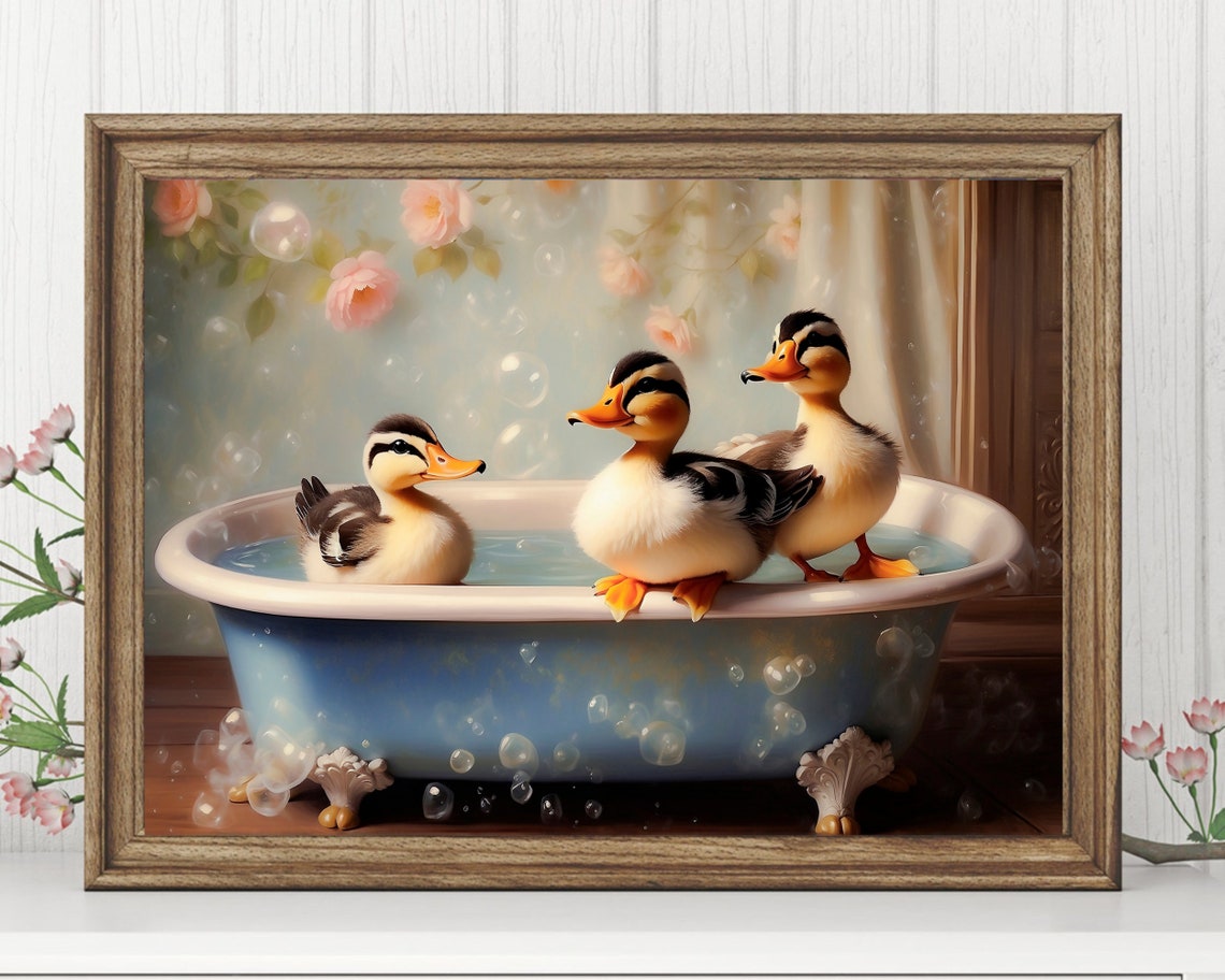 Three Baby Ducks Bathing In A Blue Clawfoot Tub Vintage Poster - Image 5