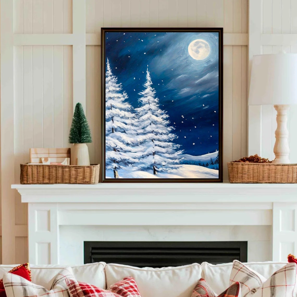 Full Moon Snowy Pines Night Sky Falling Snow Serene Winter Poster - Image 3