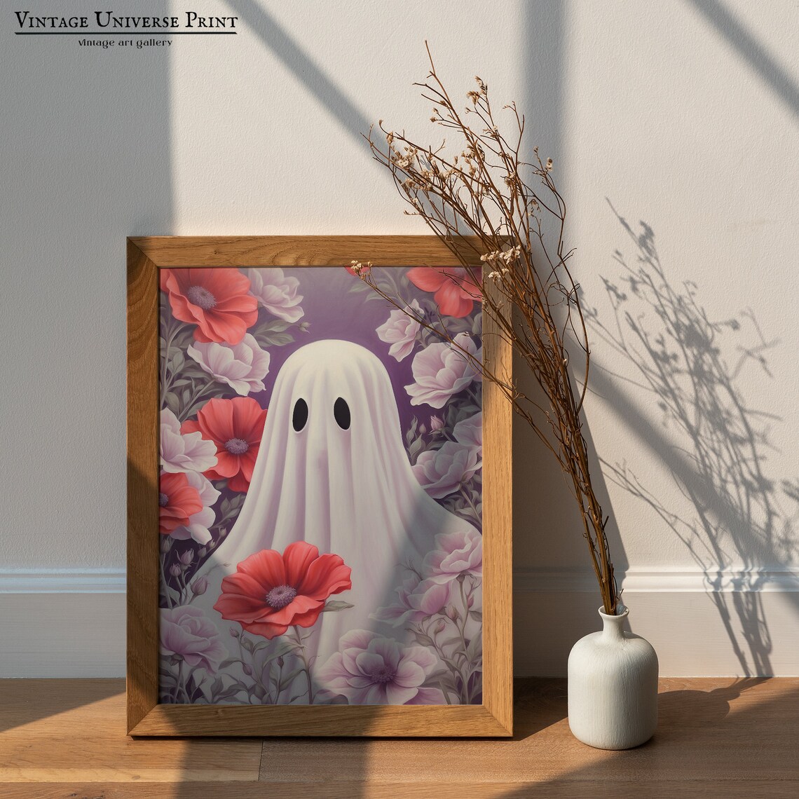 Sheet Ghost Peeking Through Red Poppies and Pink Blossoms Floral Poster - Image 3