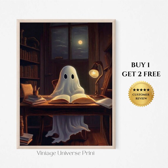 Ghost Reading Book Cozy Desk Lamp Dark Library Night Owl Poster