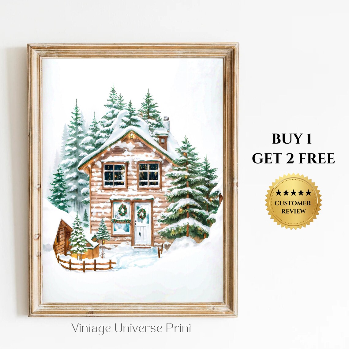 Christmas Cabin Print Holiday Wall Art Christmas House Print Winter Forest Scene Print Farmhouse Christmas Decor Snowy Holiday Art