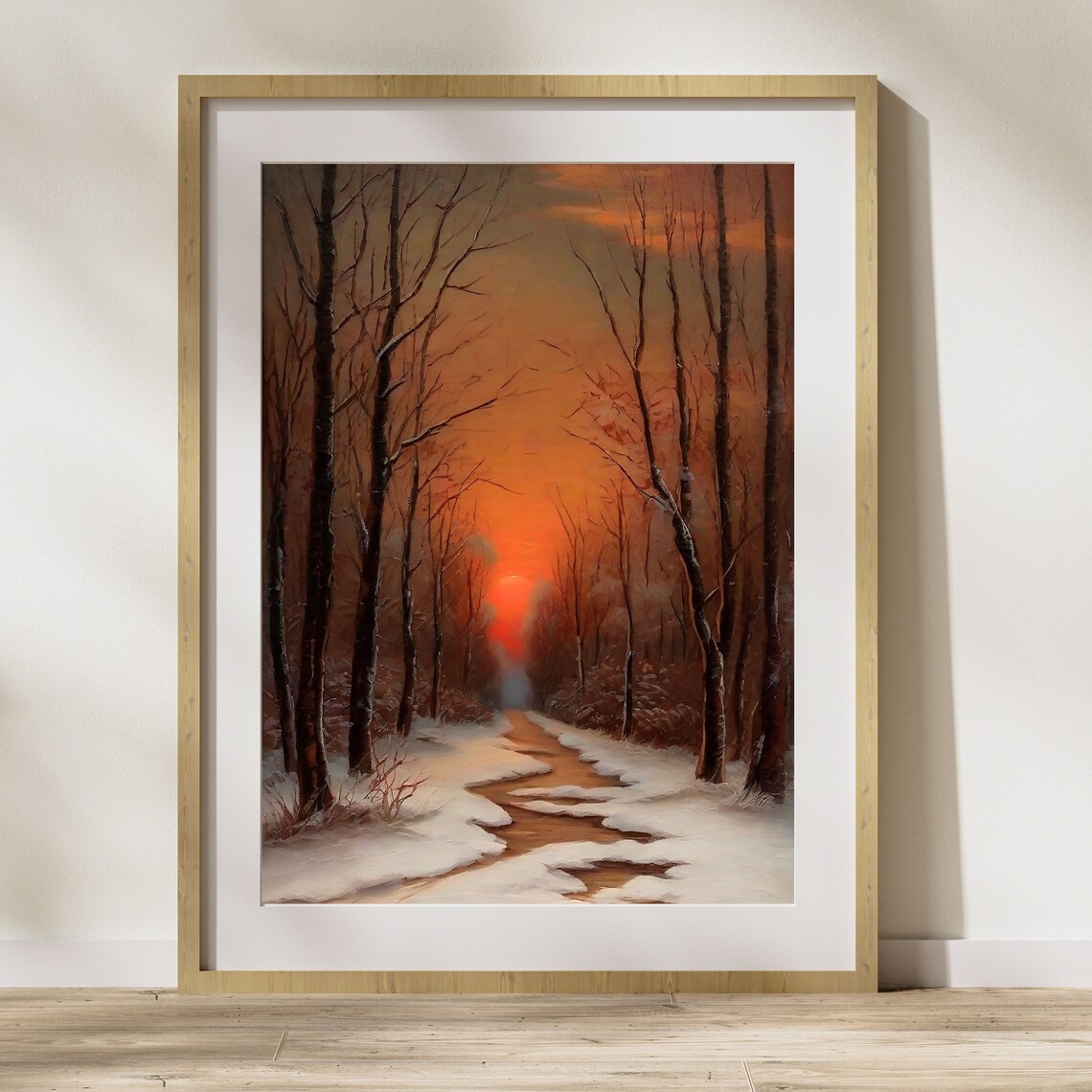 Muted Winter Landscape Painting Vintage Christmas Art Print Warm Winter Wall Art Snowy Wood Landscape Painting Wall Art - Image 2