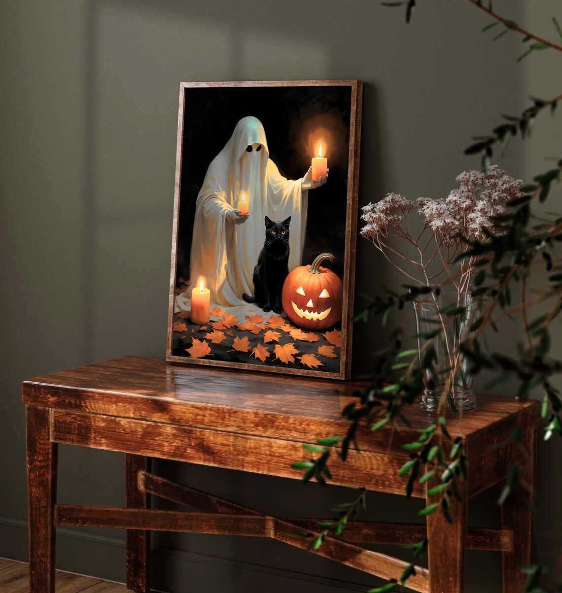 Ghost Holding Candles Beside A Black Cat And Jack O Lantern Halloween Art Print - Image 2