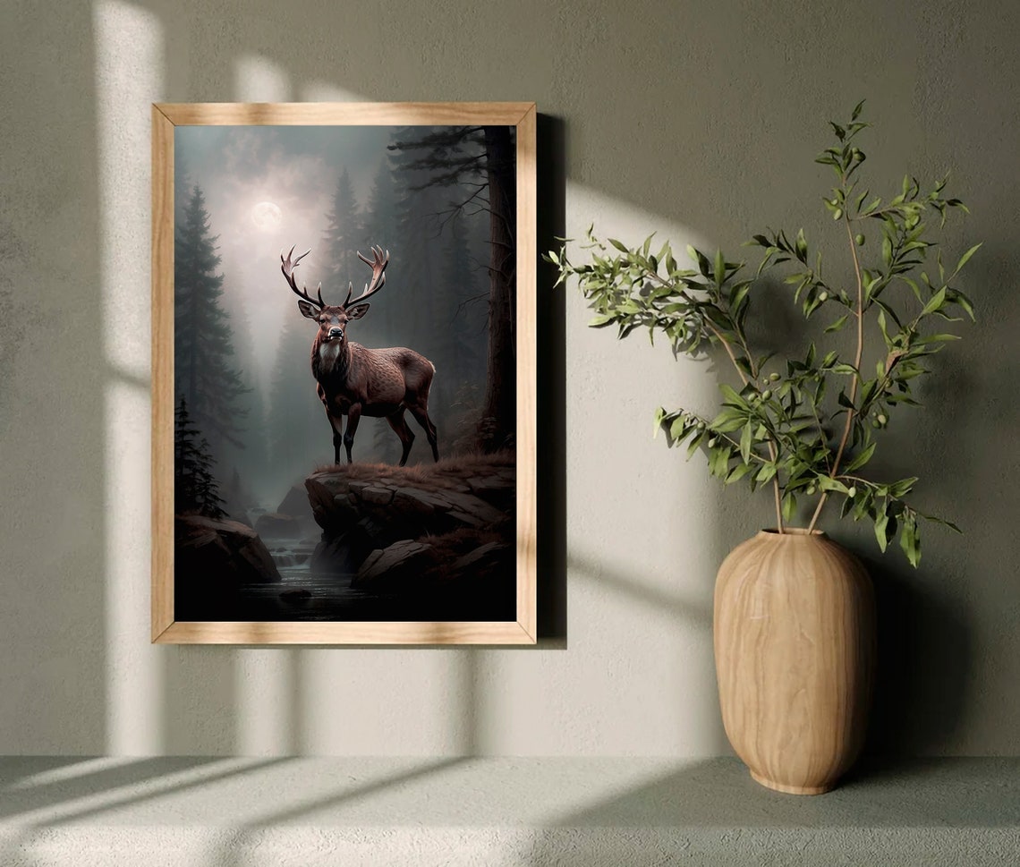 Majestic Stag on a Cliff in a Misty Moonlit Pine Forest Wall Art - Image 4