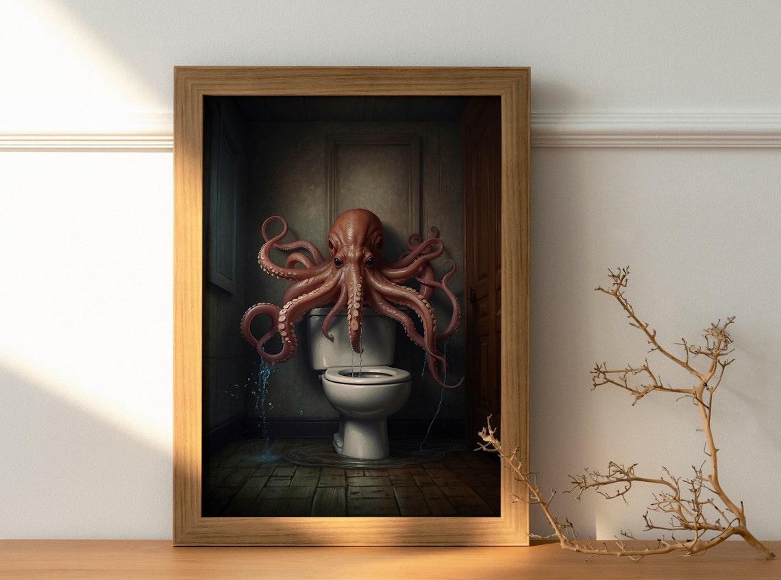 Red Octopus Sitting On Toilet Tank Dark Moody Bathroom Poster - Image 3