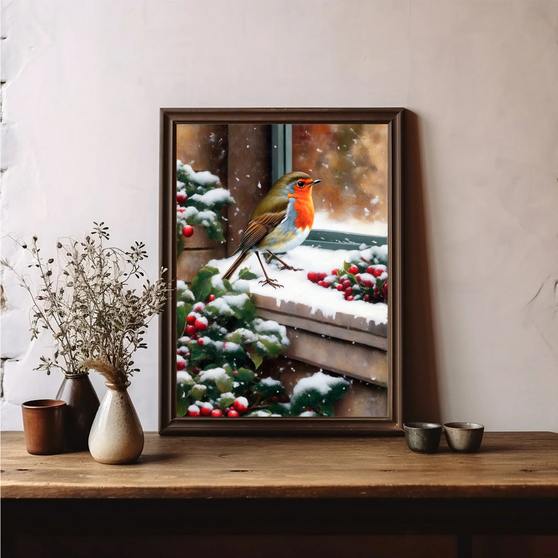 Robin Snowy Windowsill Red Berries Winter Bird Portrait Poster - Image 3