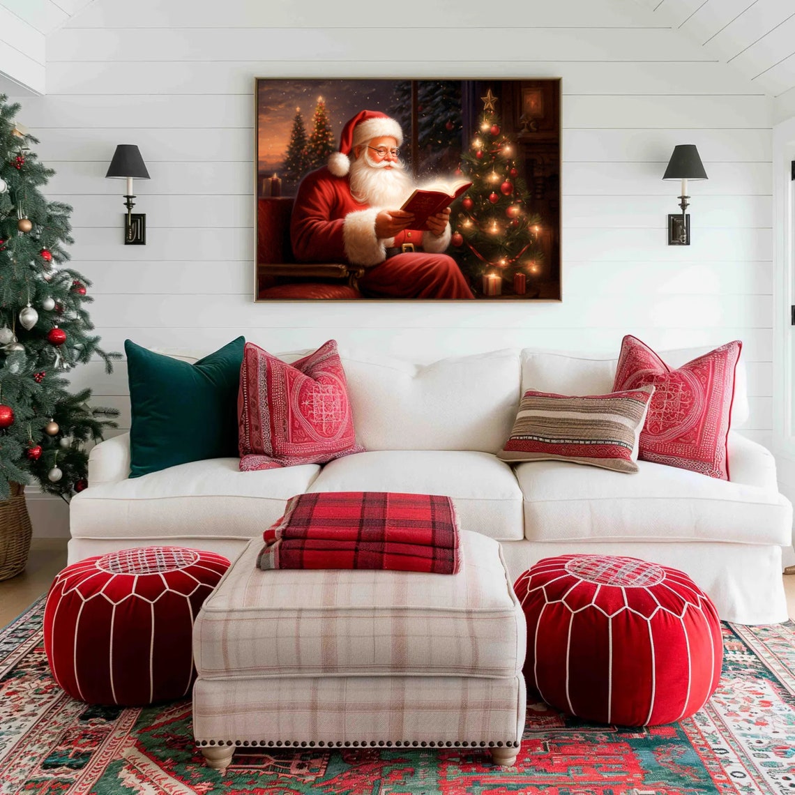Vintage Painting Of Santa Claus Reading A Book Under Christmas Tree Cozy Christmas Wall Art Winter Holiday Print Holiday Season - Image 4