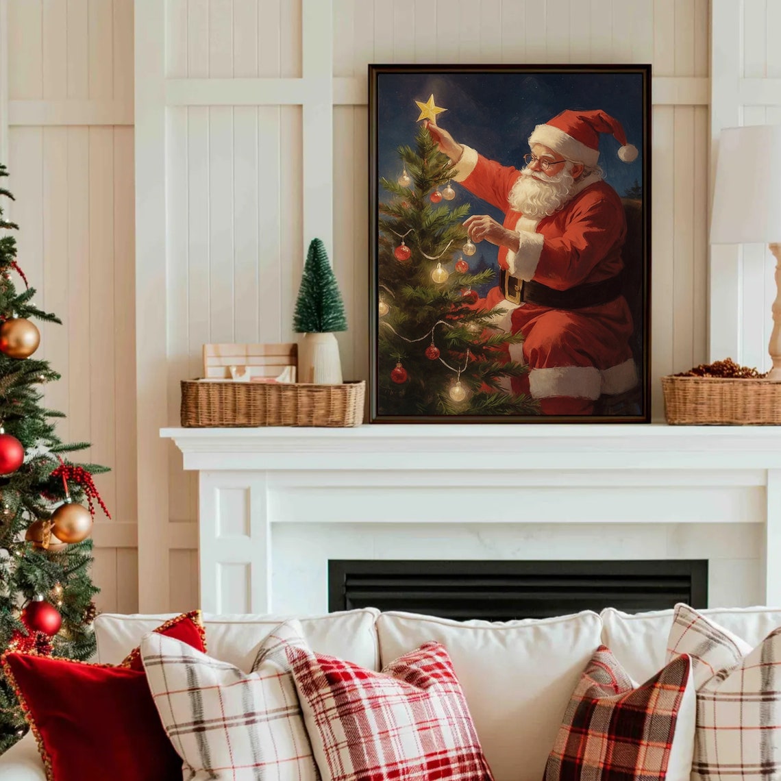 Santa Claus Decorating Christmas Tree Vintage Style Holiday Poster - Image 5
