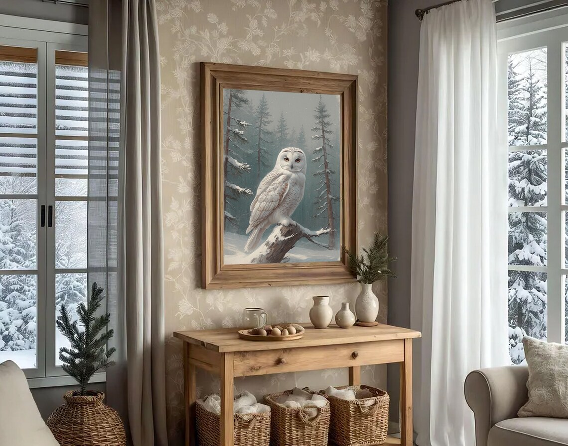 Snowy Owl In Winter Forest Landscape Oil Painting Rustic Farmhouse Christmas Wall Art Country Christmas Decor Vintage Owl - Image 5