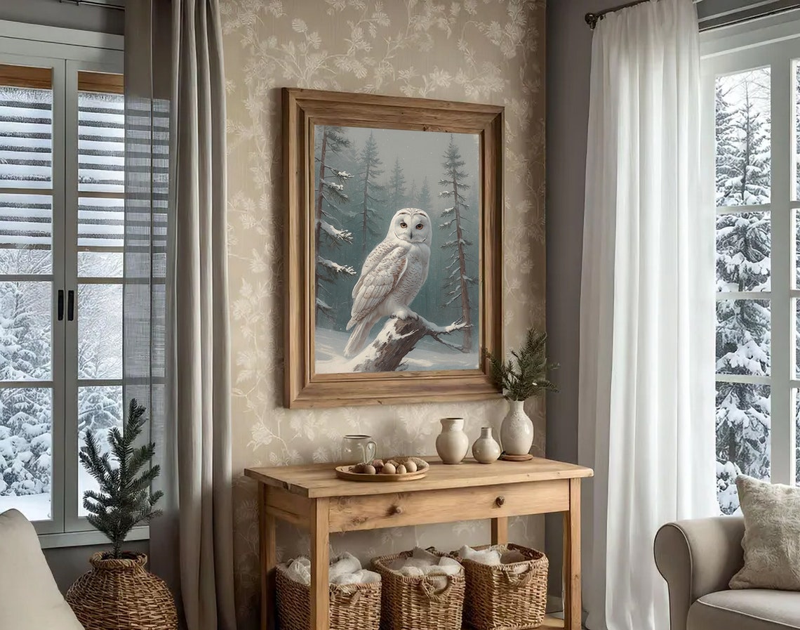 Snowy White Owl Perched In Winter Forest Snow Vintage Style Poster - Image 5