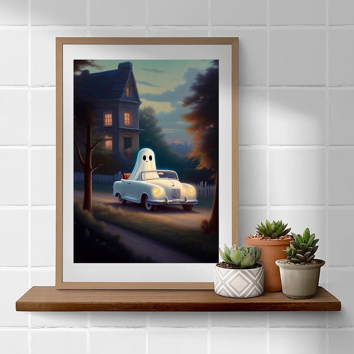 Ghost Driving A Vintage Convertible Past A Haunted House At Dusk Poster - Image 3