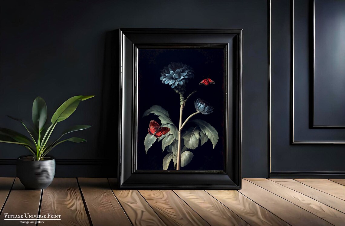 Blue Flowers With Red Butterflies On Black Background Moody Print - Image 5