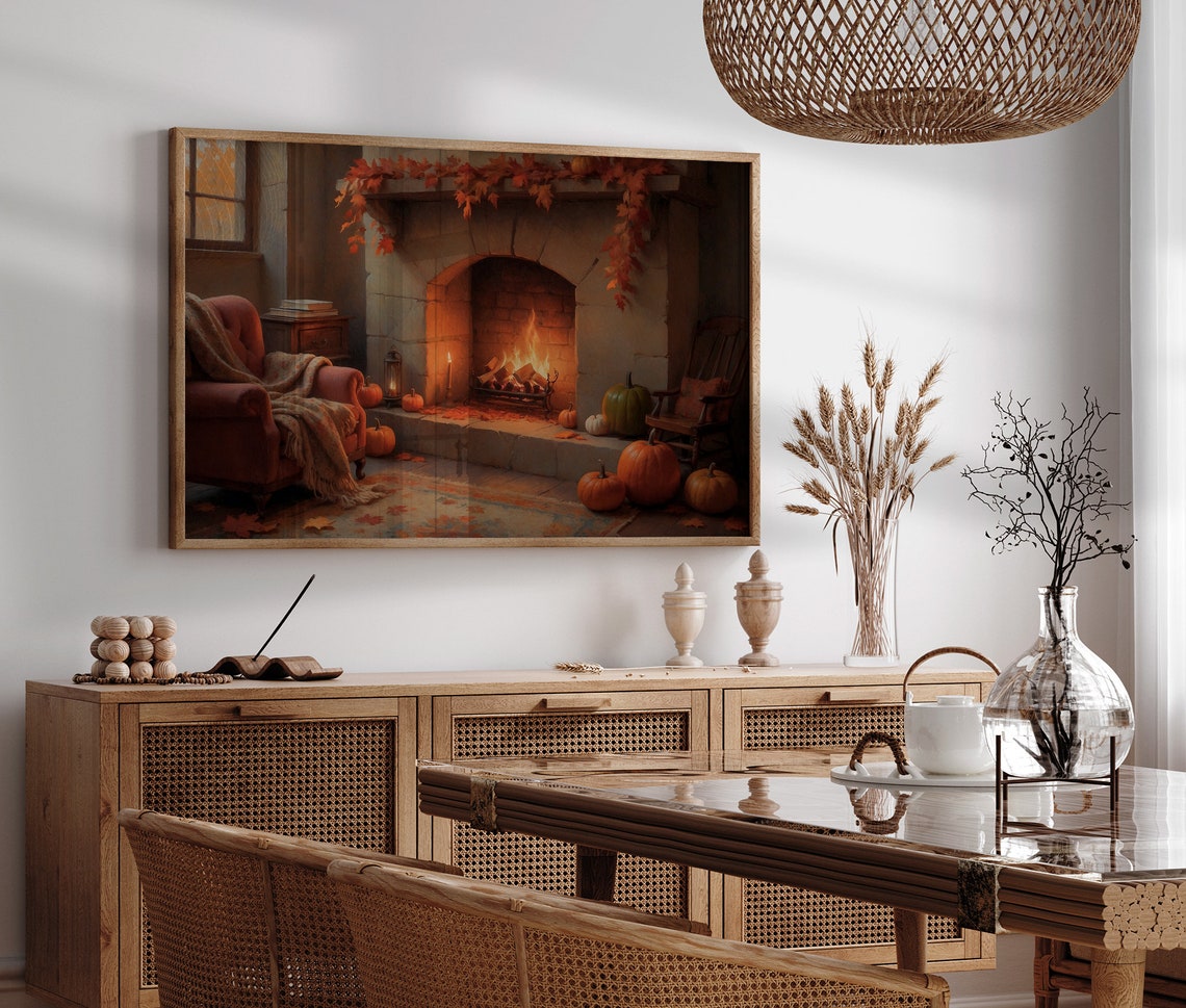 Cozy Stone Fireplace With Pumpkins Fall Interior Scene Poster - Image 3